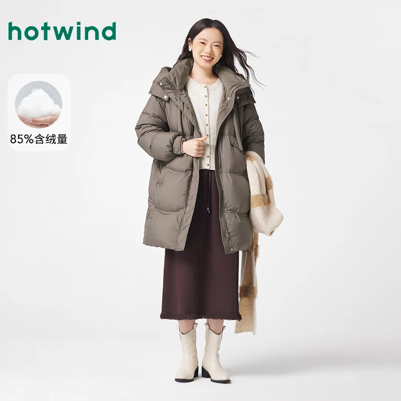 热风新款冬季棕色中长款连帽羽绒服高级清冷感面包服女F12W4413