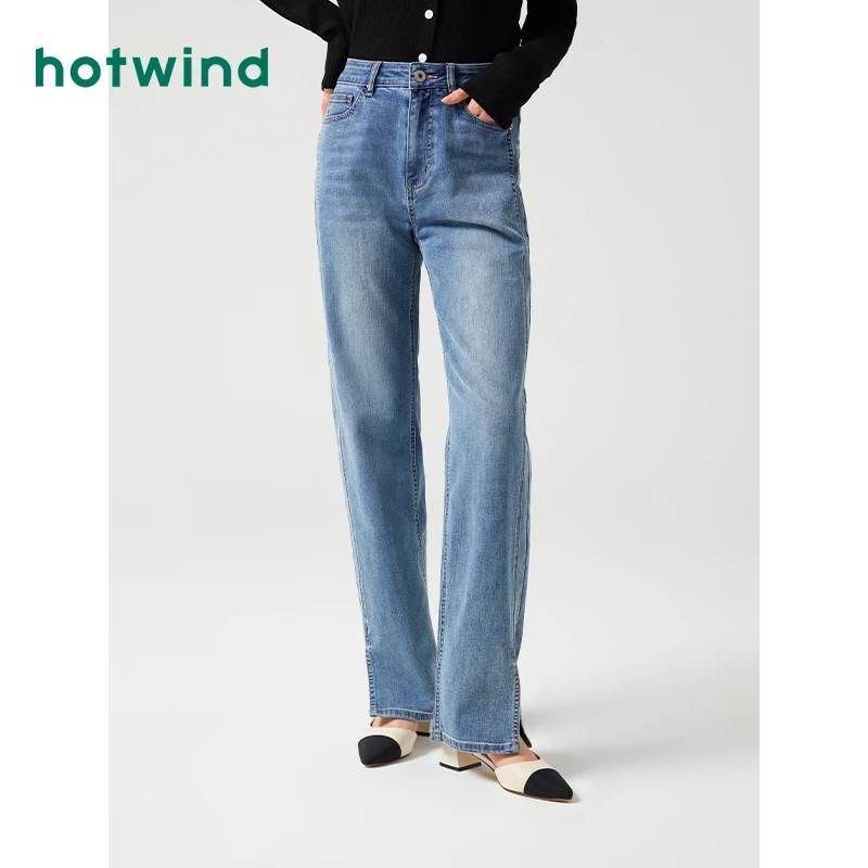 热风2023年秋季新款女士开叉直筒牛仔裤高腰显瘦法式直筒裤长裤