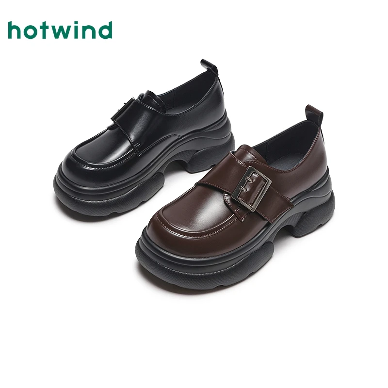 热风新款秋季松糕底英伦风乐福鞋小个子一脚蹬粗跟皮鞋H02W4321