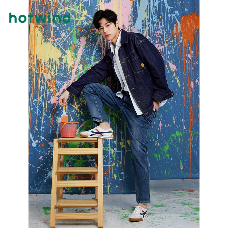 热风2023年秋季爆款男士深蓝色明线牛仔外套复古休闲夹克潮流上衣