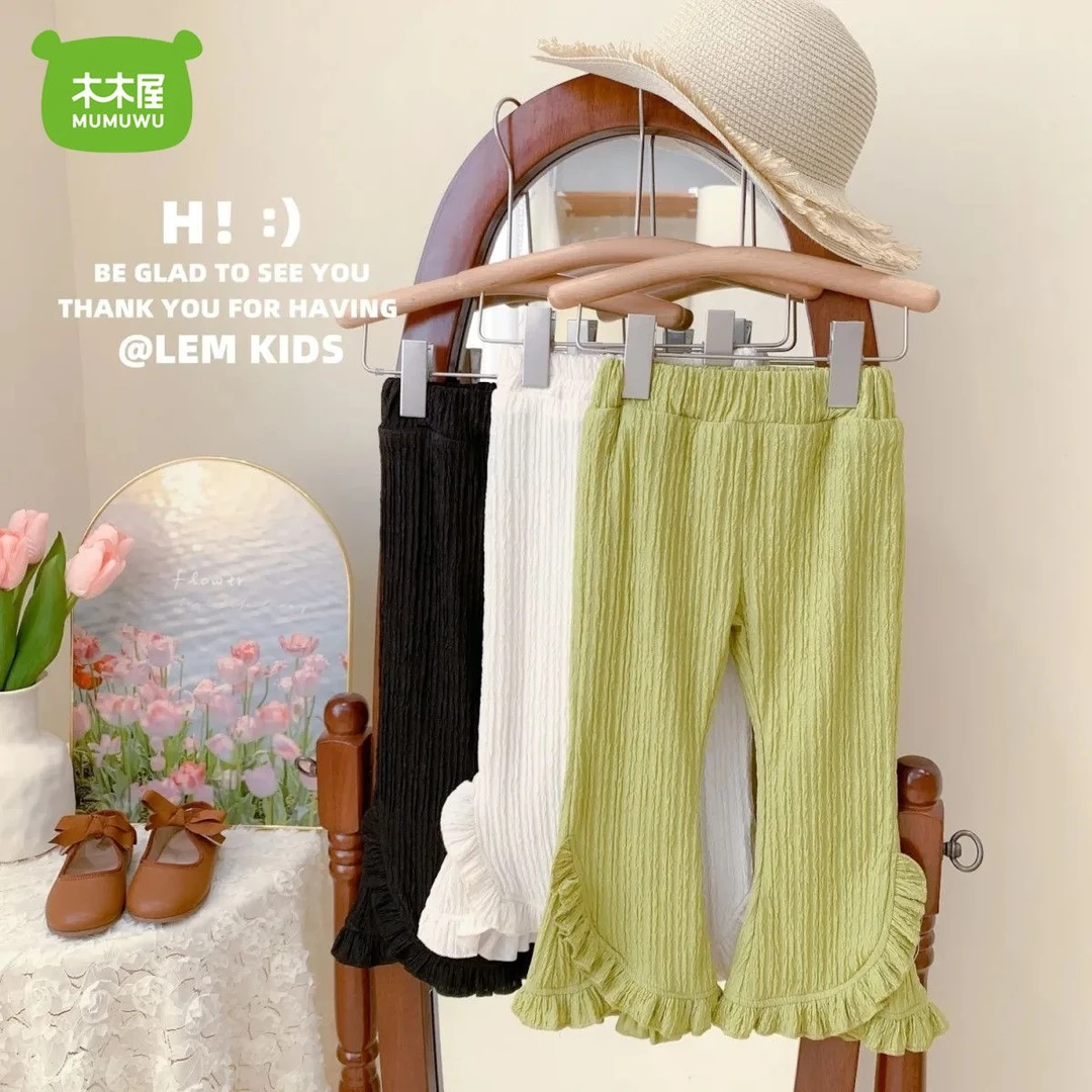 童装2023夏季新款女童韩版甜美花边立体条纹质感弹力喇叭裤潮裤子