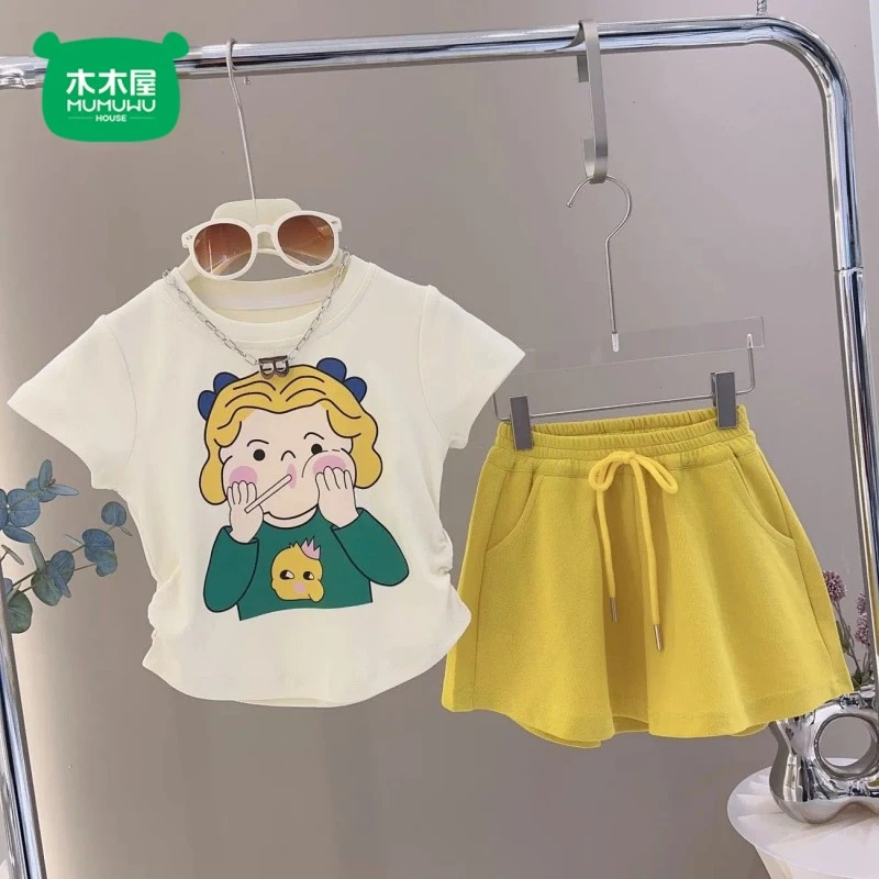 木木屋女童套装夏季新款韩版女宝宝夏装洋气卡通印花儿童两件套潮