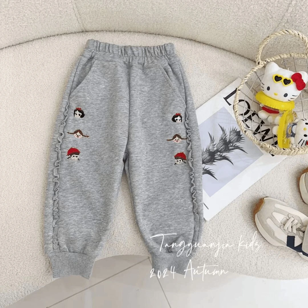 女童裤子2024春秋季新款韩系公主卡通刺绣木耳边百搭休闲裤