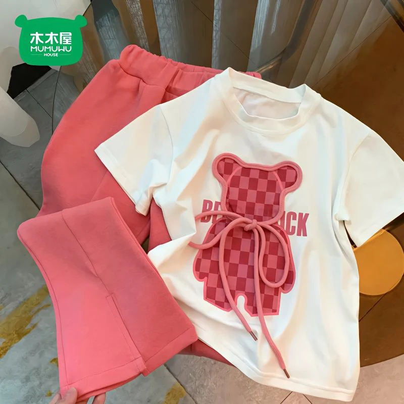 女童夏季套装儿童新款夏装网红卡通t恤女宝洋气喇叭裤短袖两件套