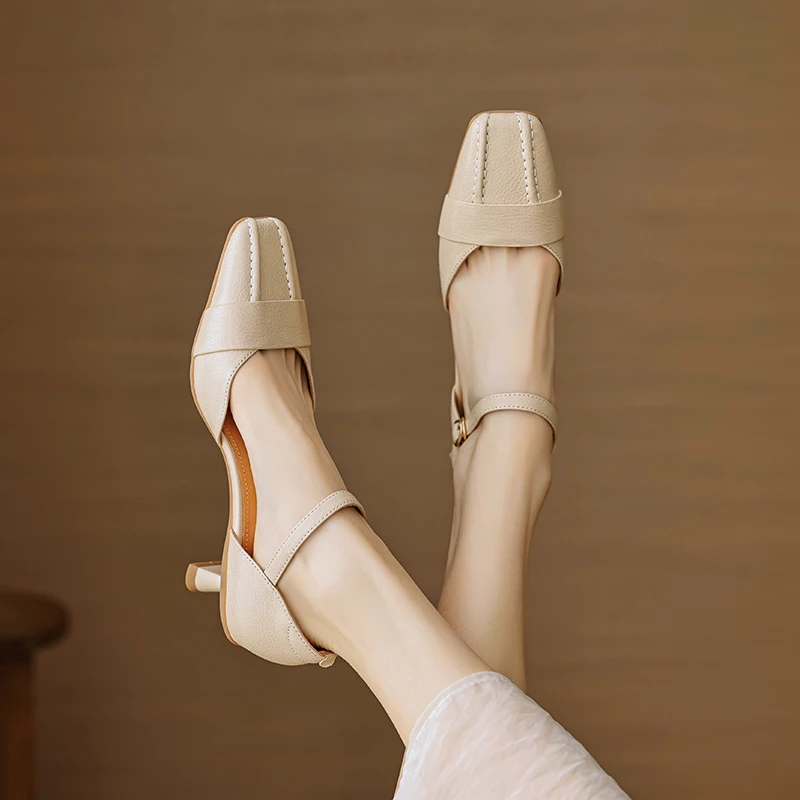 羊皮4cm/34-41/气质百搭夏季法式粗跟中跟仙女风一字带时尚凉鞋
