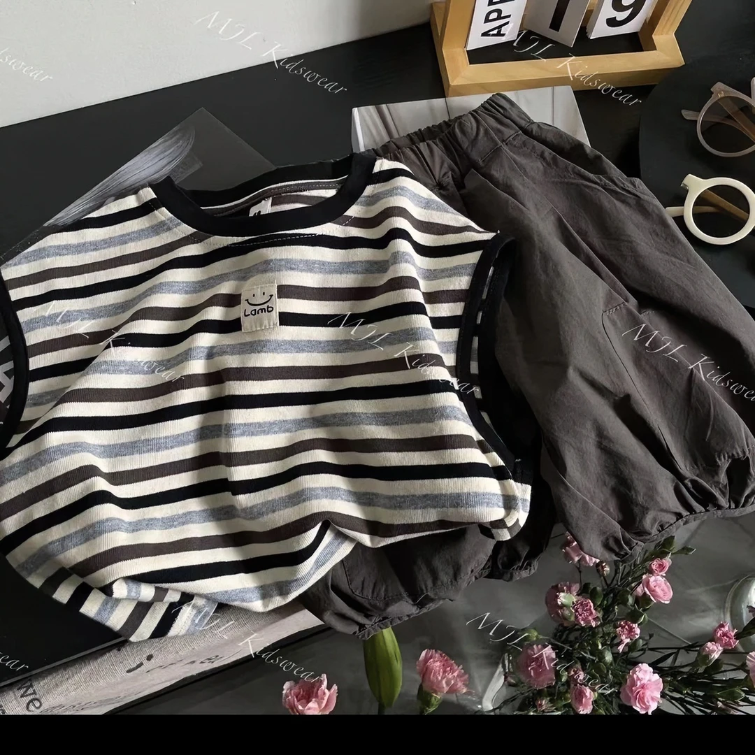 儿童条纹无袖套装夏季休闲男女宝宝圆领宽松套装宝宝舒适两件套