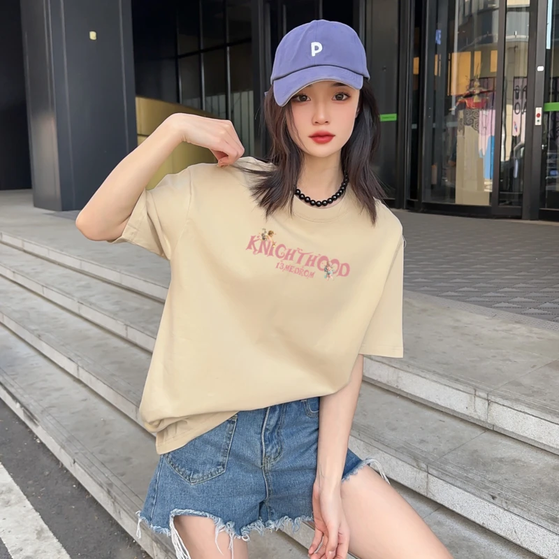 2024新款纯棉短袖t恤女中长款宽松休闲时尚百搭半袖白色上衣夏季
