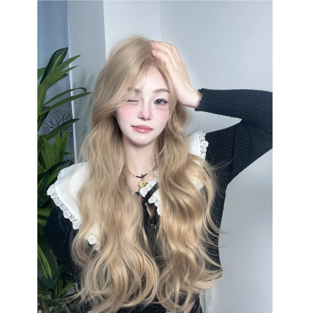 【奶茶米灰卷发】小额蕾丝几字刘海潮色蛋蛋卷网红色仿真头皮假发套