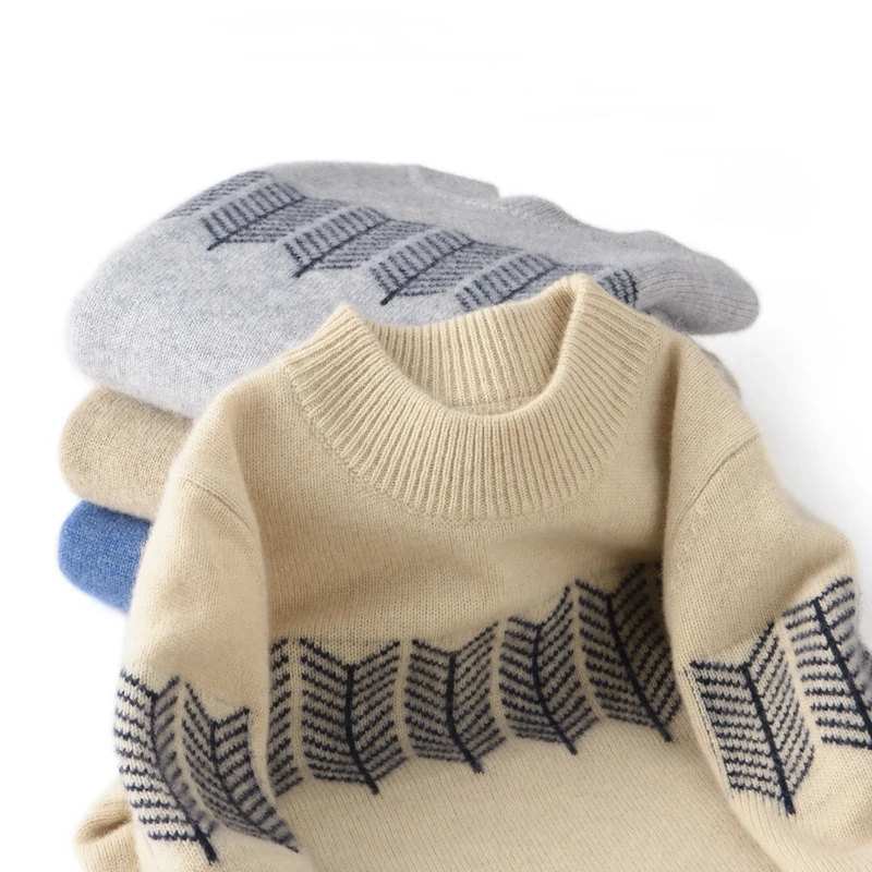 新款儿童纯山羊绒衫100%加厚半高领保暖提花毛衣打底衫秋冬季宽松