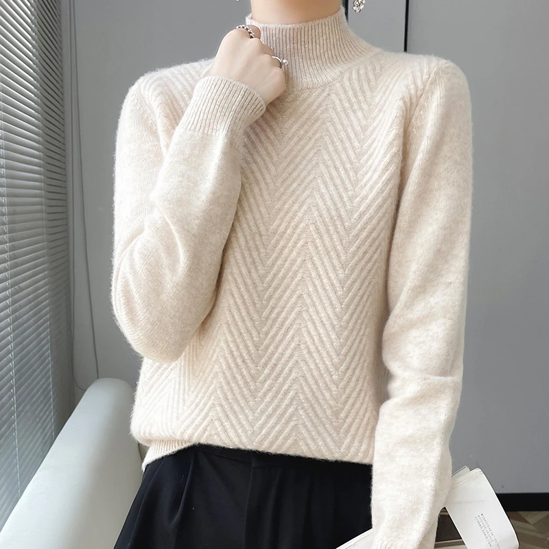秋冬女士半高领羊绒衫正品显瘦加厚纯色羊毛衫长袖宽松毛衣打底衫
