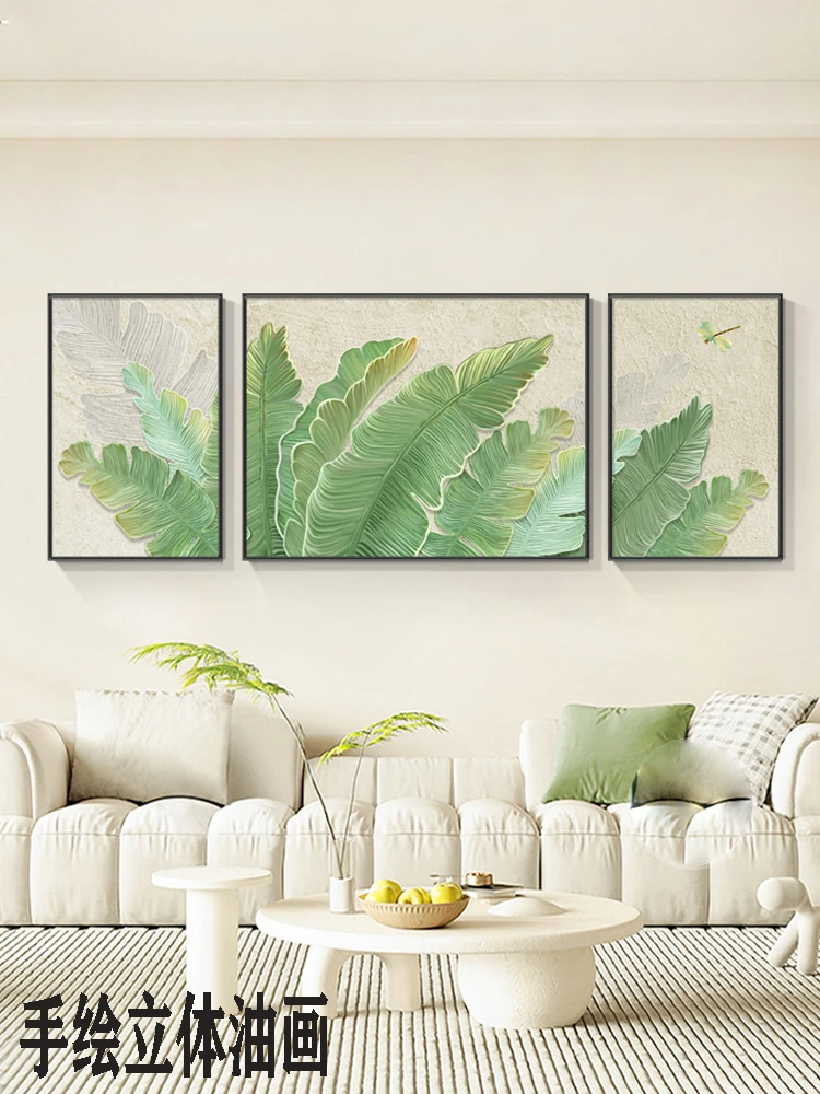 大芬油画村手绘肌理画家大业大客厅三联装饰画沙发背景奶油风壁画