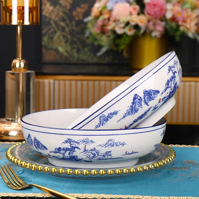 青花山水9英寸汤盆2个装 破损补发