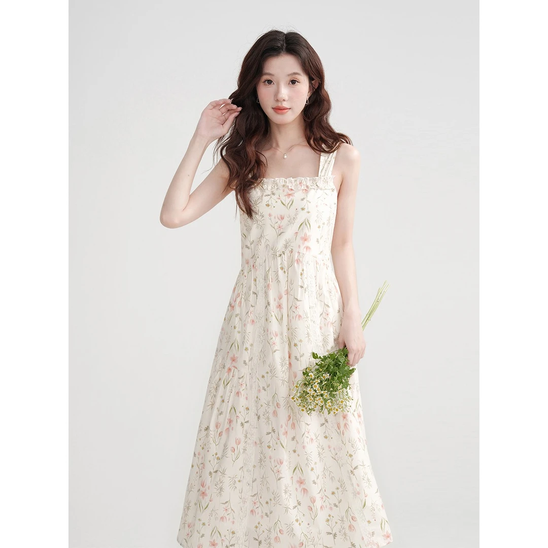 清清木易易碎花裙子吊带连衣裙女夏系带小清新减龄初恋长裙