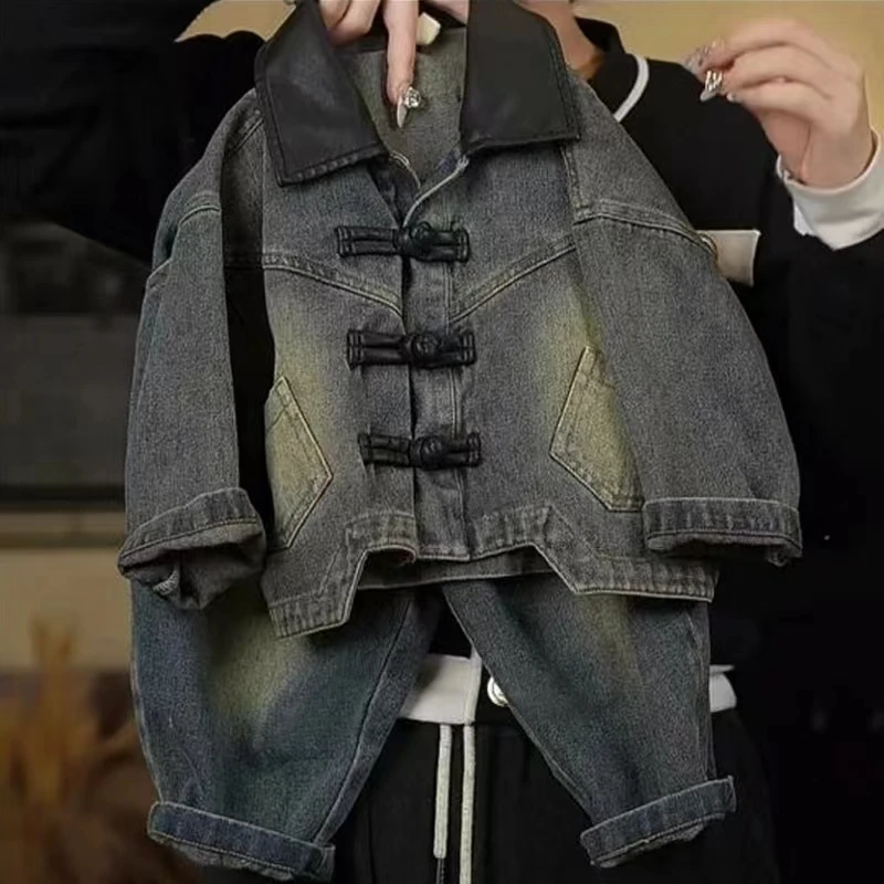 男童春季韩版时尚牛仔套装2024新款外套中小童洋气复古风两件套潮