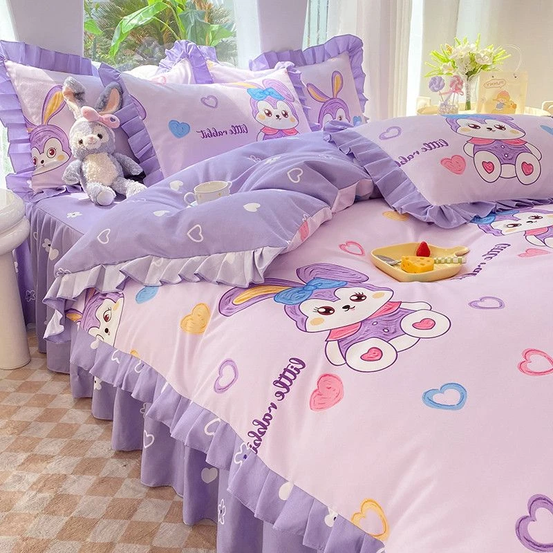 韩版公主风床裙四件套卡通四季款磨毛床单被套得兔宿舍床品三件套
