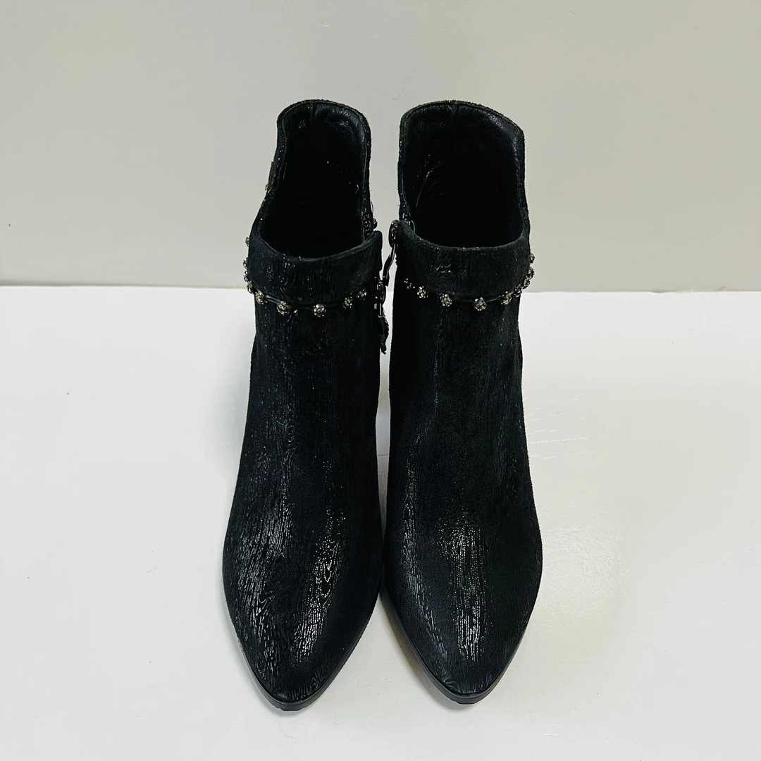 女靴短靴黑色高跟尖头百搭粗跟单里跟鞋气质