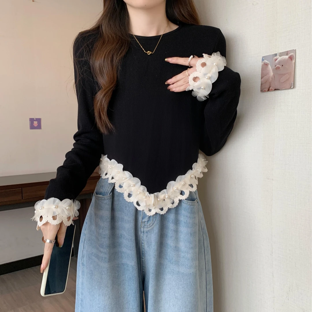 早春正肩钉珠花朵长袖t恤女2025新款大码打底衫内搭独特漂亮上衣