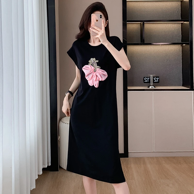 欧货重工长款短袖t恤夏季女装大码显瘦洋气减龄小飞袖宽松连衣裙