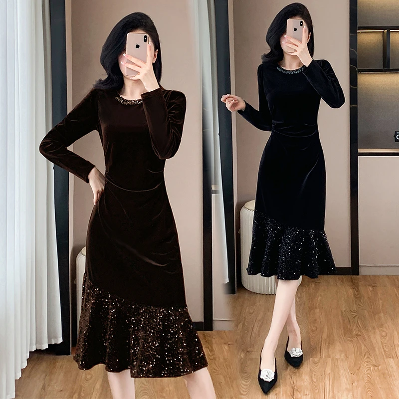 秋冬女装2025新款大码遮肚子胖mm收腰打底丝绒连衣裙女轻奢高级感