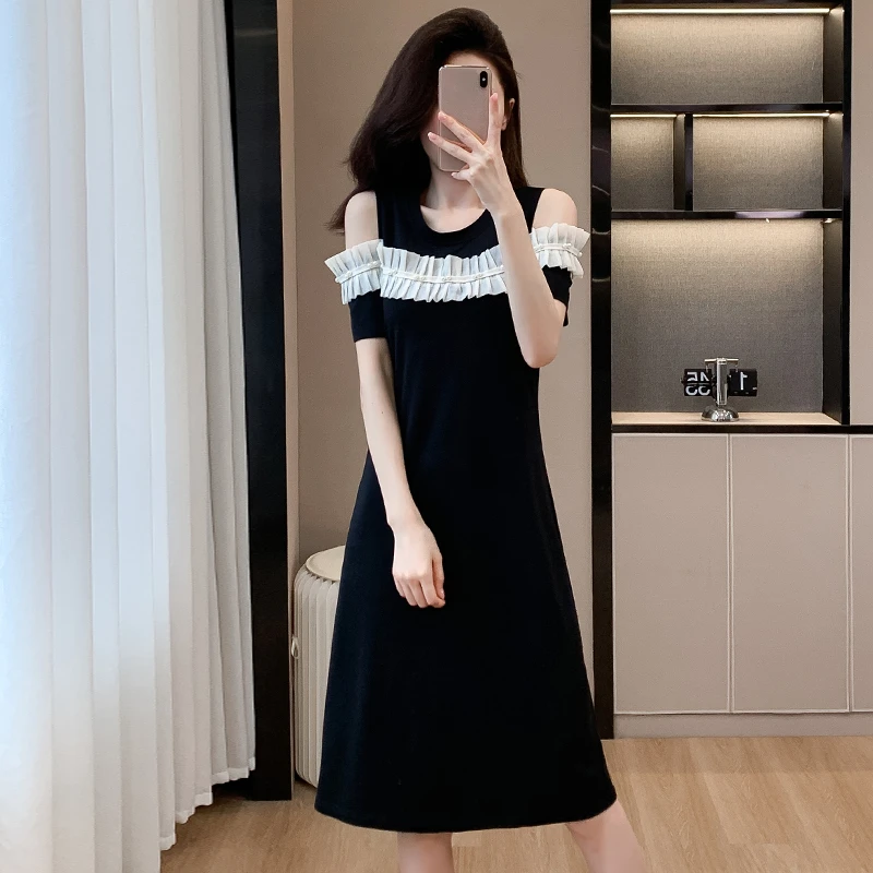 夏季女装大码宽松显瘦遮肉中长款t恤短袖洋气减龄花边露肩连衣裙