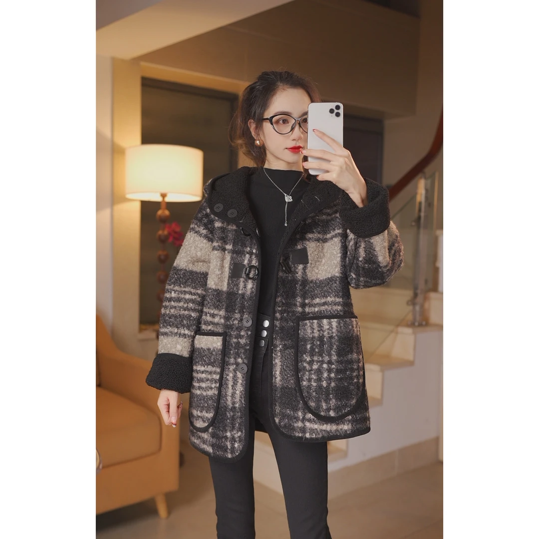萌萌家 高级感复古小香风两面穿外套女格纹保暖加厚毛呢大衣