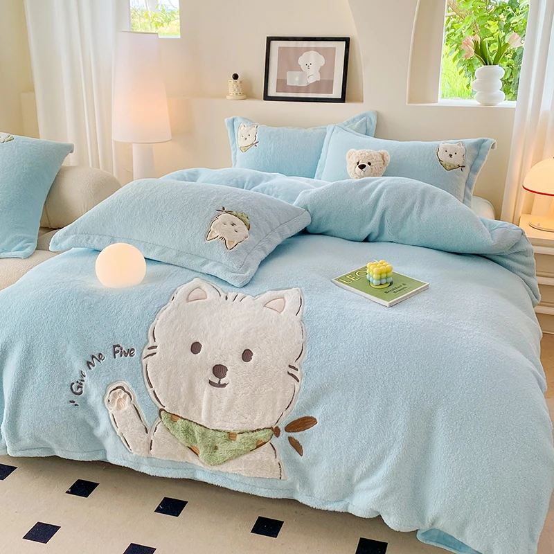 2025入冬保暖新款羊羔绒毛巾绣可爱卡通四件套双面绒加厚牛奶绒