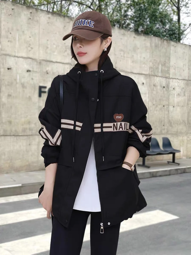 韩版时尚斗篷连帽设计宽松休闲百搭拼色女外套
