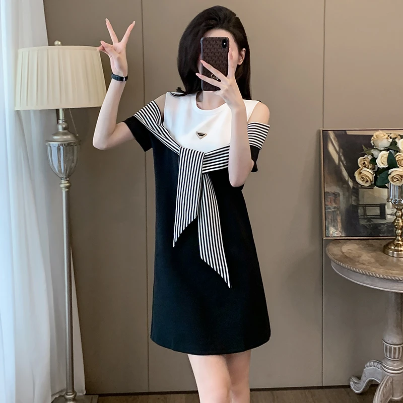 韩版系带条纹黑白气质春夏超显瘦连衣裙时尚拼接小个子显高裙子潮