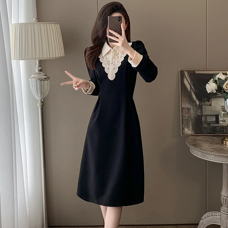 今年流行高级感新款撞色时尚风轻奢连衣裙长袖秋季打底外穿中长款