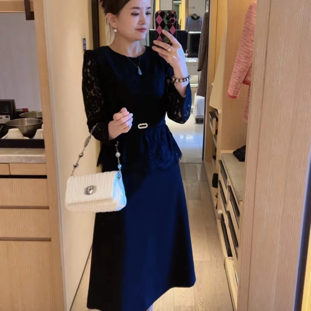 唯伊公馆大气女神腰带轻奢百搭修身显瘦蕾丝假两件连衣裙98239