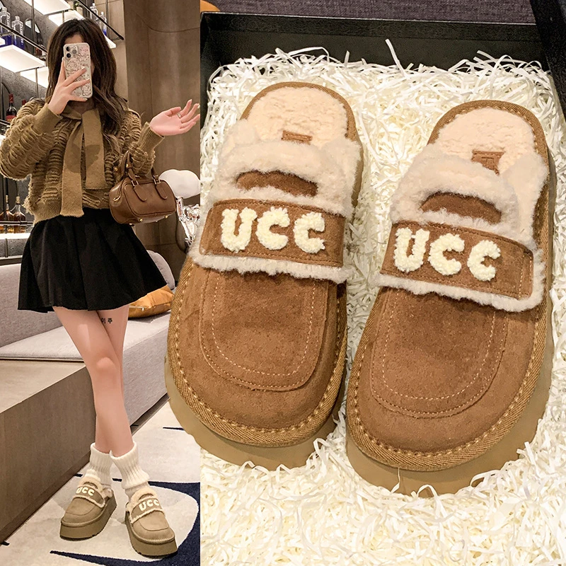 包头毛毛棉拖鞋女外穿2025秋冬新款皮毛一体雪地靴厚底勃肯半拖鞋