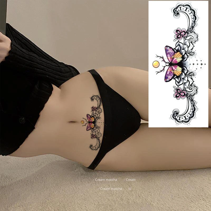 腹部纹身贴防水性感蕾丝玫瑰花朵遮盖肚子私处腹遮疤妊娠纹仿真女