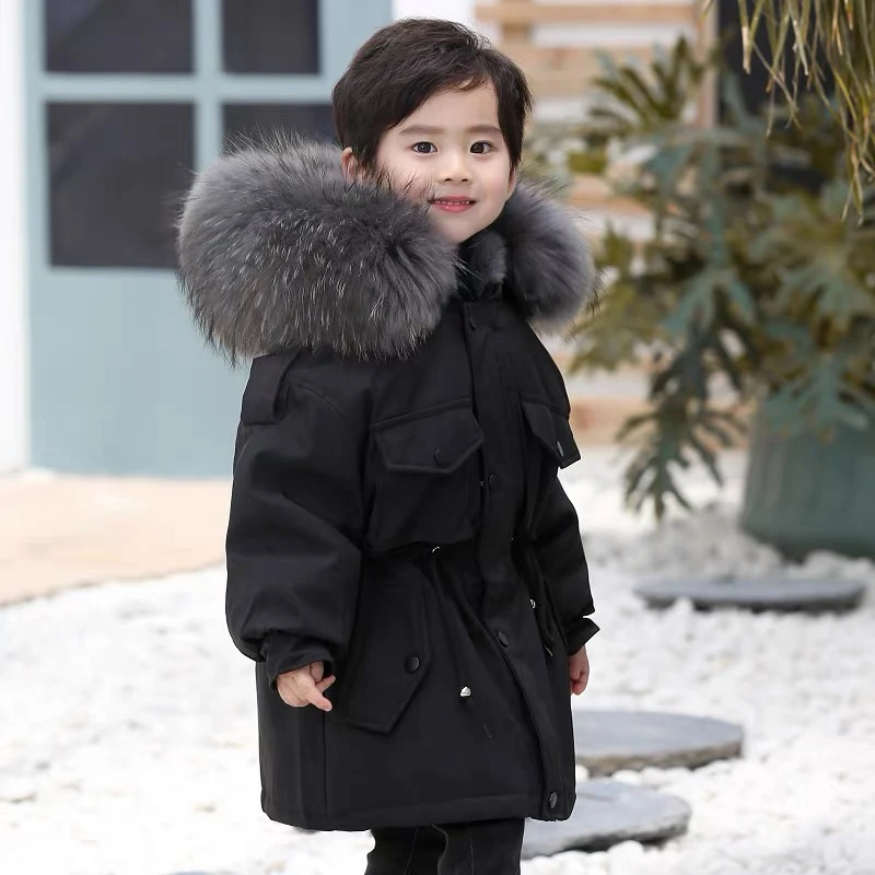 DoLa工装款 儿童皮毛派克服外套 工装口袋百搭加棉加厚大毛领外套