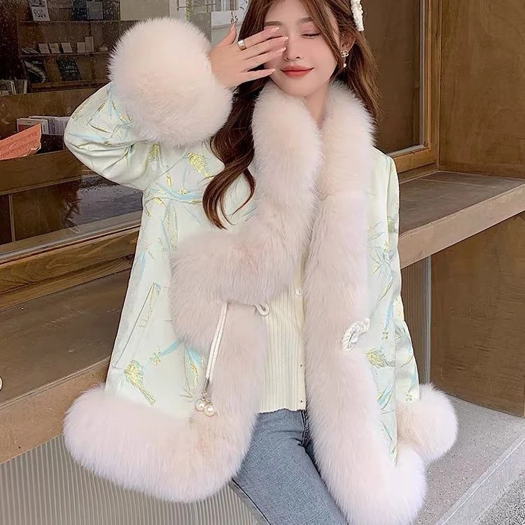 新中式国风棉服阔太太女装冬季国风长款仿加厚皮草外套毛毛大衣冬