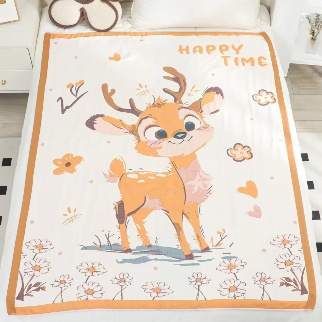 （可爱鹿）纯棉面包被120x150动物蓝色柔软多功能米奇暴力熊三层