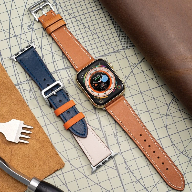 适用苹果Apple Watch10撞色爱马仕单圈十字纹表带iwatch9真皮腕带