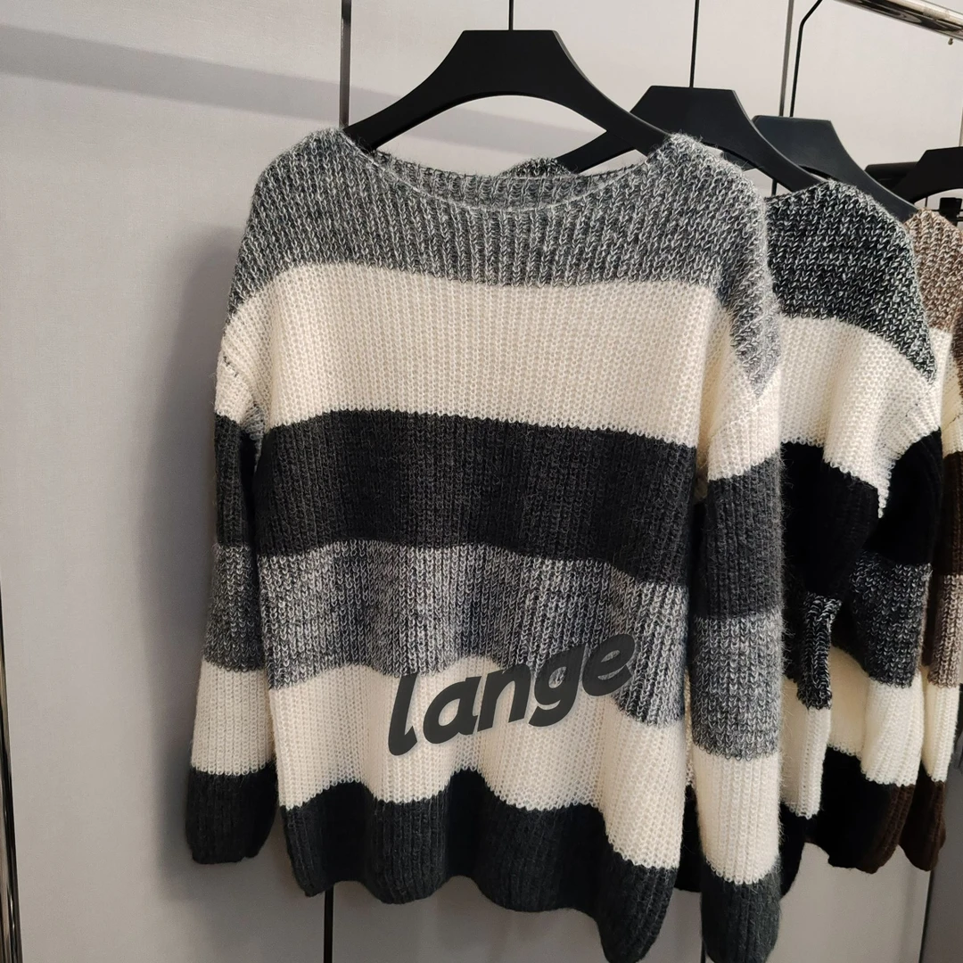 秋冬新款小众慵懒撞色条纹针织百搭圆领打底毛衣高级显瘦上衣