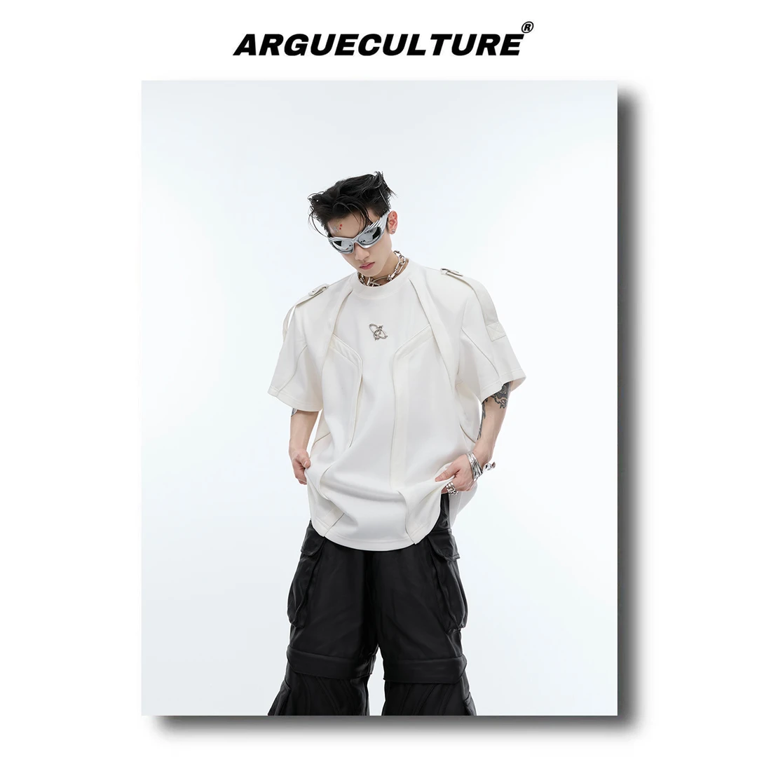 CulturE窥探柞爵 解构立体设计感短袖重工拼接肩带宽松高级T恤男