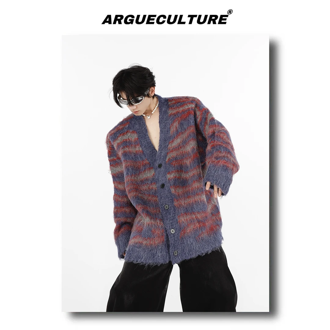 CulturE小众条纹拼接马海毛毛衣开衫V领围巾设计宽松针织外套男女