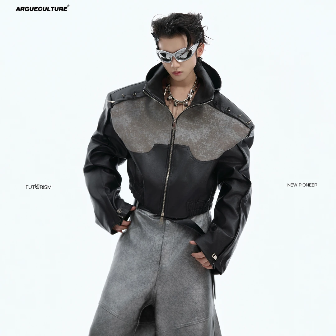 ArguE旄㫀絣酆 小众不规则拼接垫肩皮衣夹克金属铆钉朋克短款外套