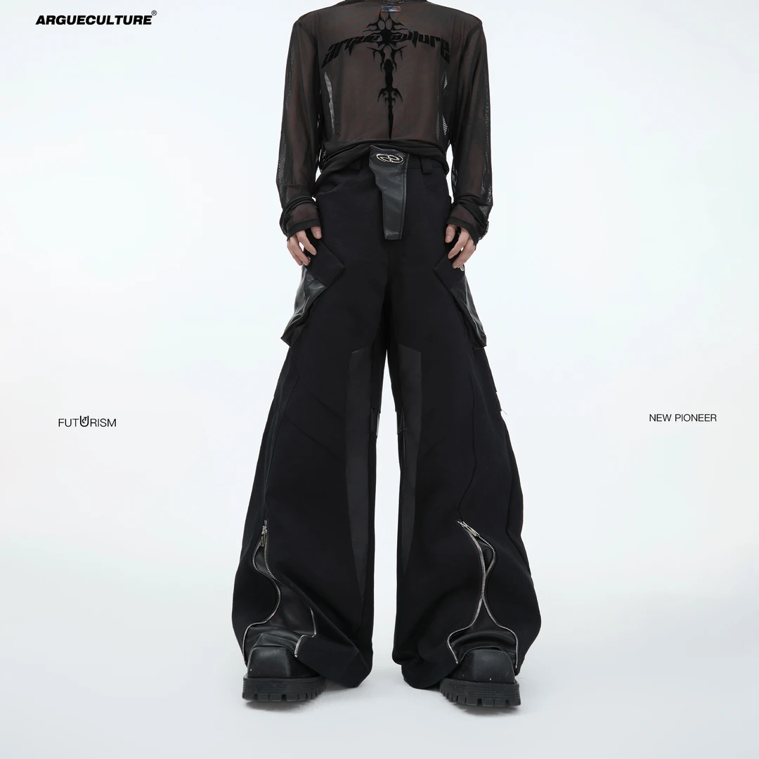 CulturE原创重磅解构PU皮分割设计工装裤金属拼接宽松直筒休闲裤