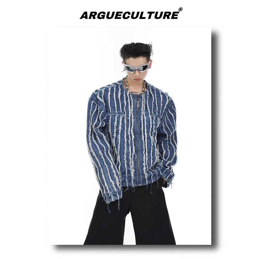 CulturE小众重磅立体条纹流苏牛仔外套无领设计夹克水洗上衣外套
