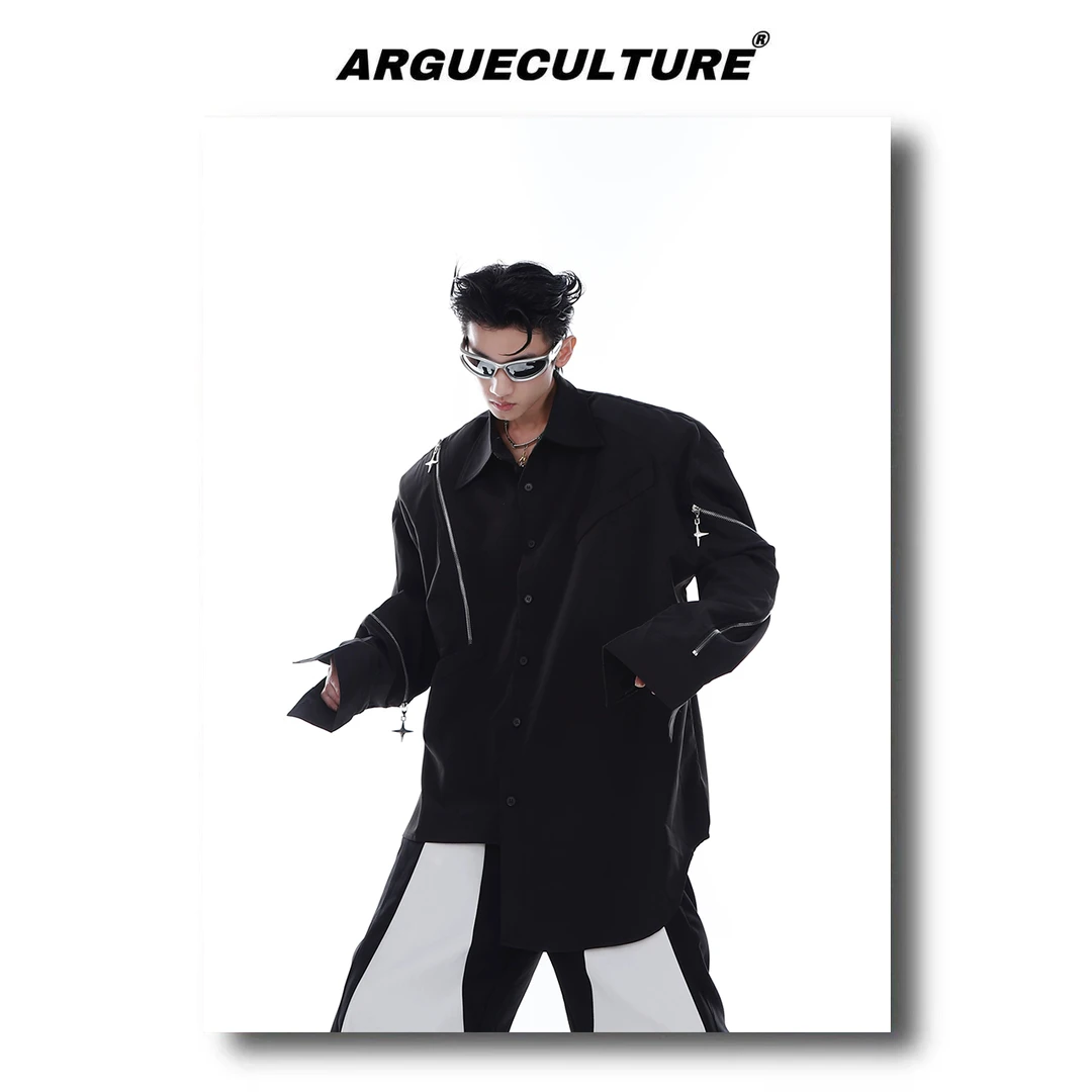 CulturE小众不规则设计感垫肩衬衫金属拉链拼接开衫宽松白色外套