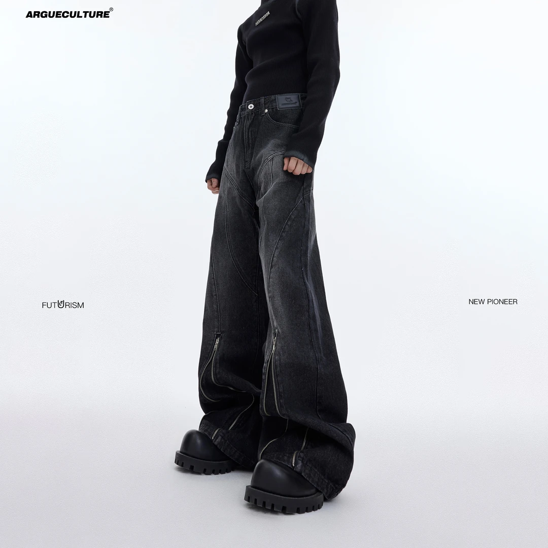CulturE重磅小众水洗做旧结构线条微喇叭牛仔裤金属拉链设计长裤