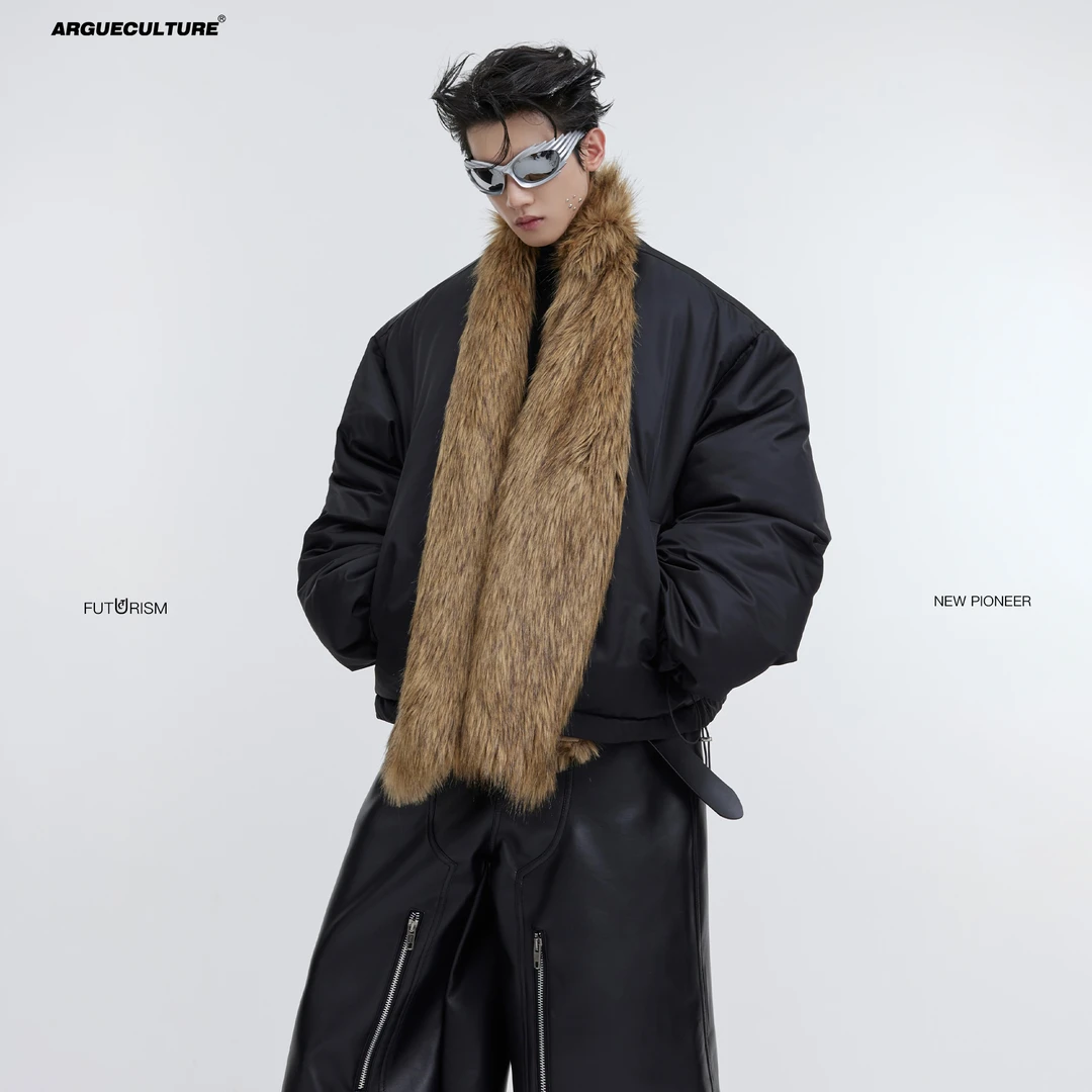 CulturE23s小众仿貂毛加厚棉服可拆卸围脖拼接设计感宽松外套