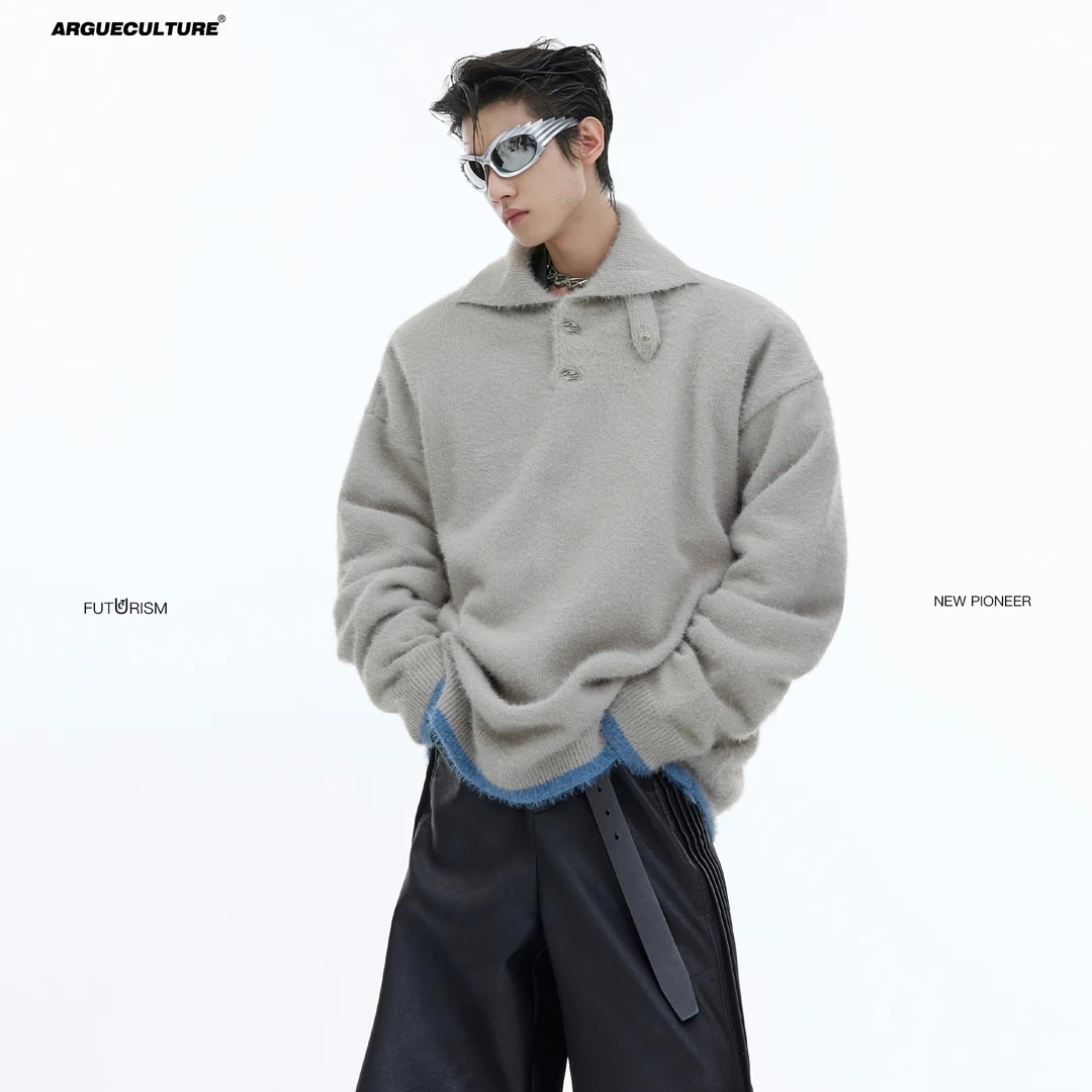 CulturE重磅小众金属设计感毛绒针织毛衣翻领纯色宽松慵懒毛衫潮