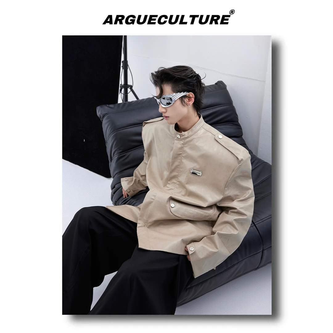 CulturE原创小众亮面肌理新中式PU皮西服外套无领垫肩廓形皮衣男