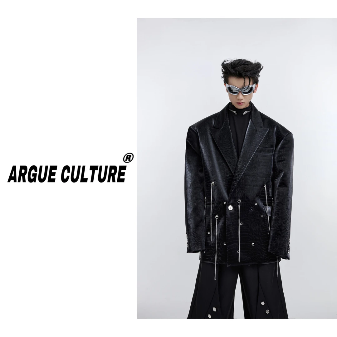 CulturE小众亮面鳄鱼纹廓形西服外套解构金属流苏设计感PU皮西装