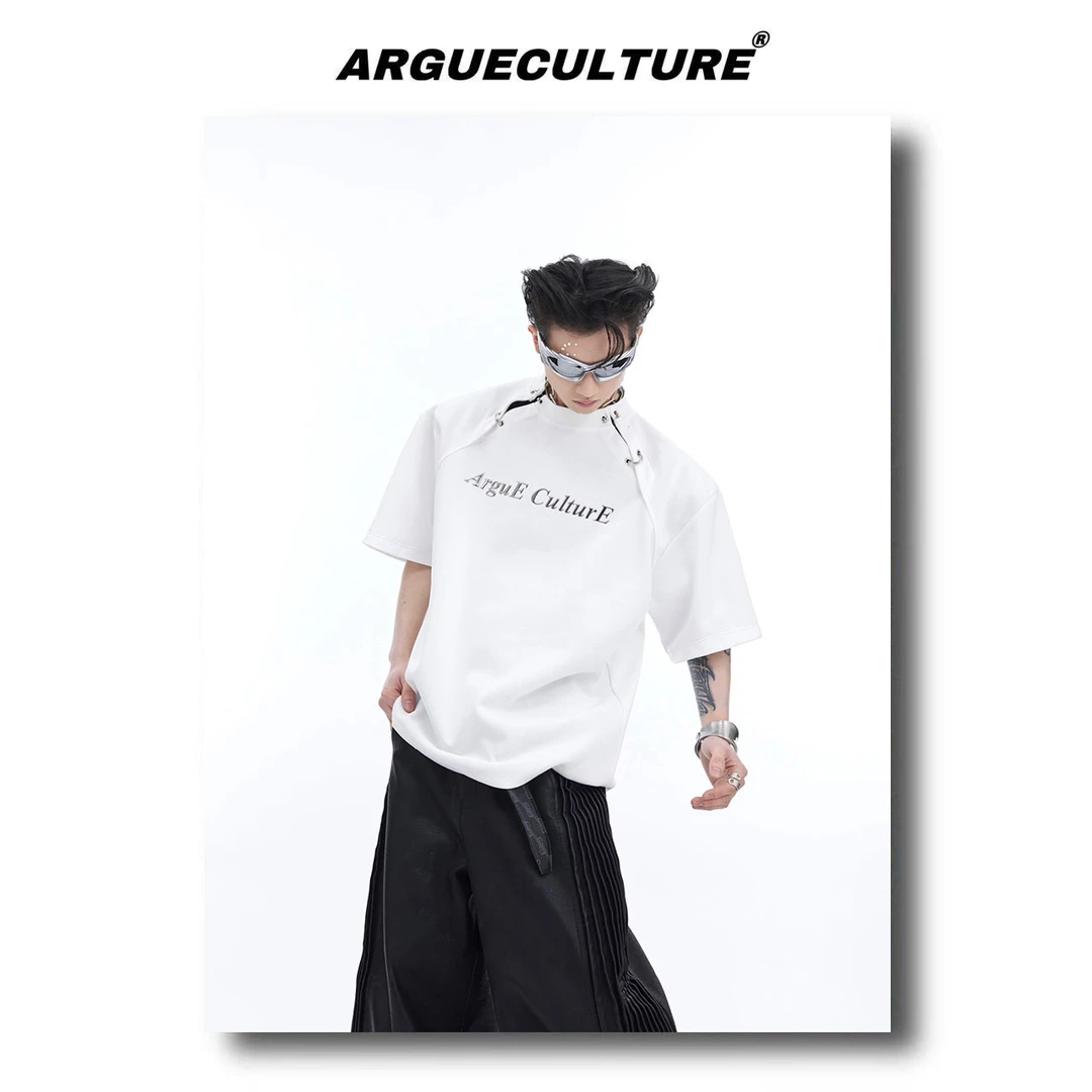 CulturE24ss夏季解构小众镂空分割设计感短袖男金属印花简约T恤潮