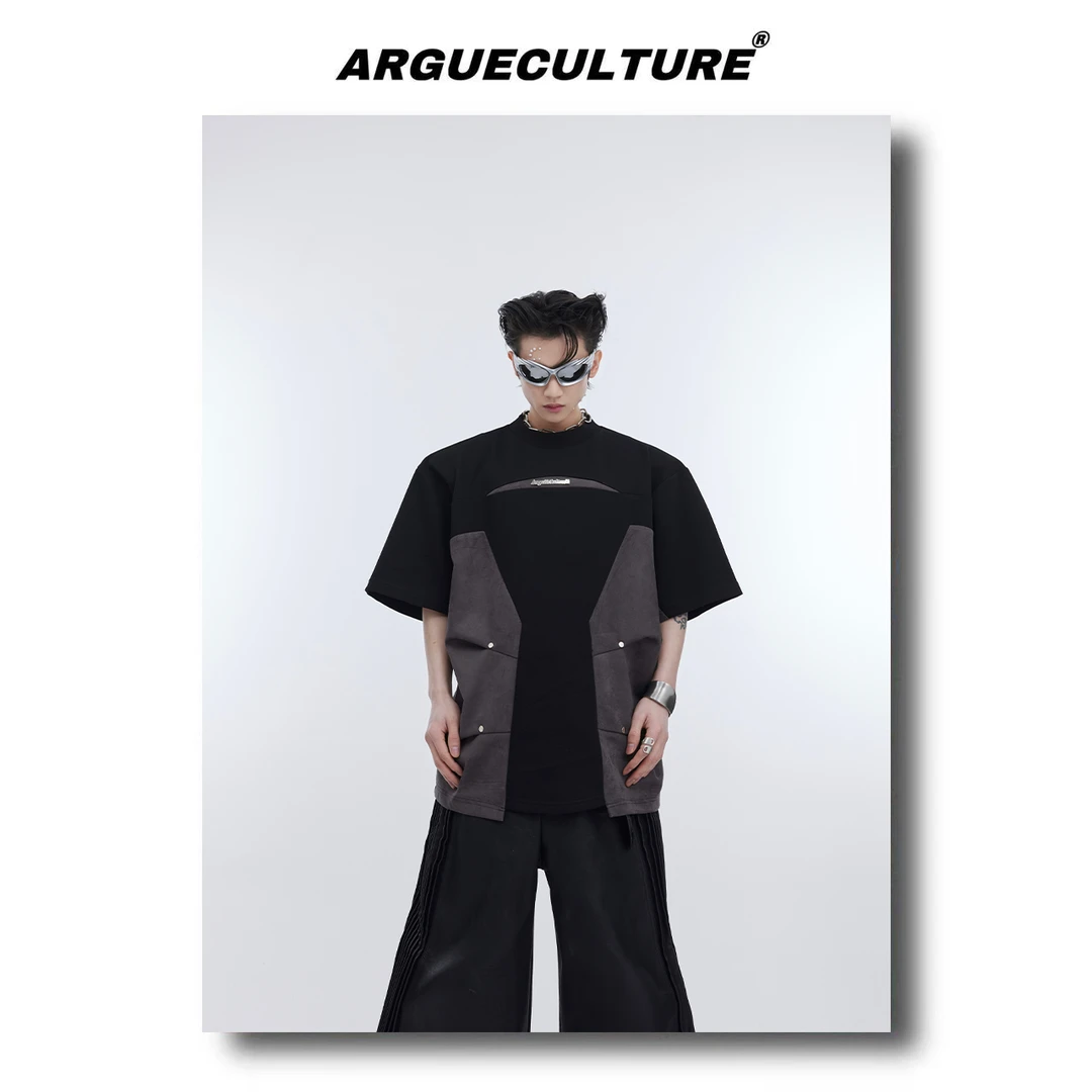 ArguE CulturE重工小众解构撞色拼接垫肩短袖男立体压褶宽松T恤男